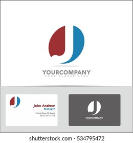 Logo design element with two business cards. Letter J vector logo symbol in the red & blue circle. Vector template for your design