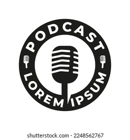 Logo Design Emblem Badge Stamp Design Retro Vintage Podcast or Radio design using Microphone and Bubble chat or talk icon label, symbol, template
