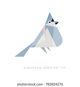 Logo design of european crested tit. Colored bird made of simple geometric shapes. Isolated flat vector element for mobile app, web icon or emblem
