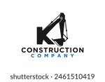 Logo design of an excavator at a construction site with the initials letters K, Heavy equipment work earth mover.