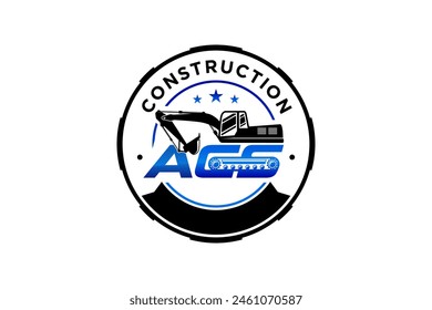 Logo design of an excavator at a construction site with the initials letters ACS, rounded emblem badge shape.