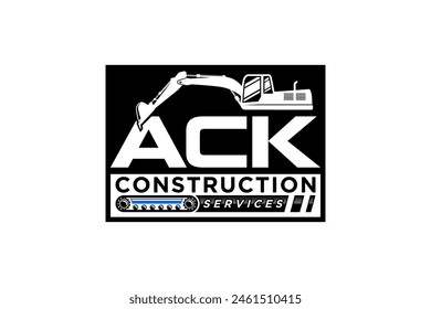 Logo design of an excavator at a construction site with the initials letters ACK, Heavy equipment work earth mover.