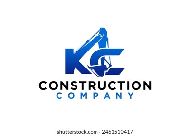 Logo design of an excavator at a construction site with the initials letters KC, Heavy equipment work earth mover.