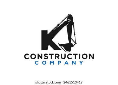 Logo design of an excavator at a construction site with the initials letters K, Heavy equipment work earth mover.