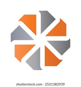 Um design de logotipo de um ventilador ou rotor com oito braços em cor laranja e cinza para HVAC ou logotipo de ar condicionado