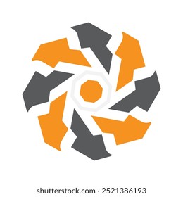 A logo design of a fan or rotor with eight arms in orange and black color for HVAC or air conditioning logo 