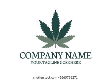 Un diseño de logotipo con una hoja de cannabis en dos tonos verdes, adecuado para marcar una empresa de marihuana medicinal, dispensario o negocio relacionado con el cáñamo con una estética limpia y profesional.