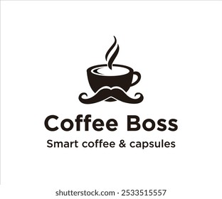 Design de logotipo com uma xícara de café com vapor e um bigode, promovendo produtos de café.