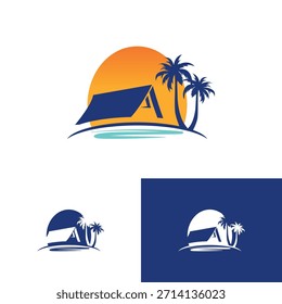 Diseño de logotipo con una cabaña en la playa con una puesta de sol en el fondo, que representa la relajación, las vacaciones y la vida costera. Ilustración limpia y moderna adecuada para resorts, casas de playa