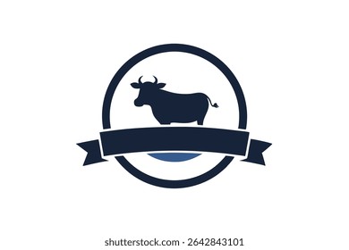 A logo design featuring a cow and ribbon element, presented as a badge within a circle, set against a white backdrop.