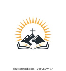 Logo design featuring cross, mountains, sun and book on white background