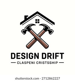 Logo-Design mit gekreuzten Hämmern und Hausdach auf