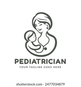 Logo design featuring a doctor and baby. This logo uses a simple illustration style used for branding pediatrician clinics, hospitals health services, baby products