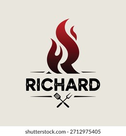 Diseño de logotipo con una llama y utensilios para la identidad de la marca Richards