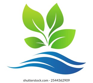 Um design de logotipo com folhas verdes que crescem acima de ondas de água estilizadas. O estilo gráfico é limpo e moderno, definido em um fundo branco. Conceito de ecologização. Ilustração vetorial
