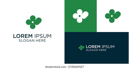 Diseño de logotipo con flores de trébol verdes y blancas sobre un fondo limpio, perfecto para la marca de negocios y materiales de marketing.