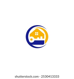 A logo design featuring a house icon combined with a key within a circular shape. The colors used are blue and yellow