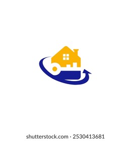 A logo design featuring a house icon combined with a key and an arrow within a circular shape. The colors used are blue and yellow.