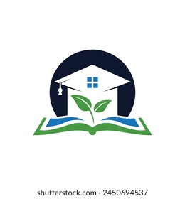 A logo design featuring a house with a plant on it and a book in the middle