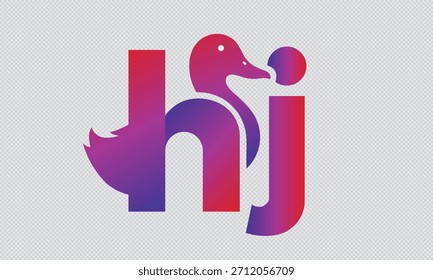 Un diseño de logotipo con las letras HJ integradas con una silueta de pato estilizada, representada en un degradado de púrpura a rojo sobre un fondo transparente.