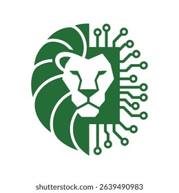 A logo design featuring a lion's head combined with circuit board components.