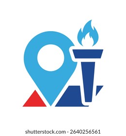 A logo design featuring a map pin, a lit torch, and geometric shapes, symbolizing location, knowledge, and possibly achievement or guidance.
