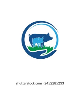 Logo design featuring pigs and a caring hand, symbolizing care on white background.