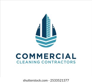 Logo design featuring a skyscraper within a water droplet, representing cleaning services.