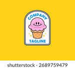 Logo design featuring a smiling pink ice cream cone mascot with sprinkles and waffle texture. The illustration uses bold outlines and cheerful colors, perfect for dessert shops, food brands