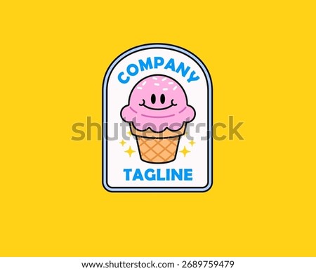 Logo design featuring a smiling pink ice cream cone mascot with sprinkles and waffle texture. The illustration uses bold outlines and cheerful colors, perfect for dessert shops, food brands