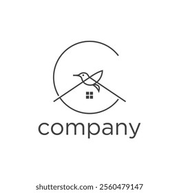 logo design featuring a stylized bird perched on a roof with a small window below, enclosed within a partial circle