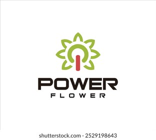 Design de logotipo com uma flor estilizada com um símbolo de potência, transmitindo energia e crescimento.