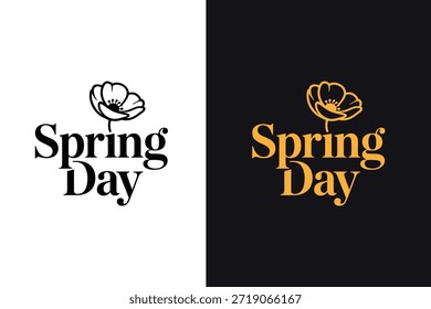 Ein Logo-Design mit einem stilisierten Blumensymbol gepaart mit dem Text 'Spring Day' in schwarzen und gelben Farbschemata auf weißem und schwarzem Hintergrund