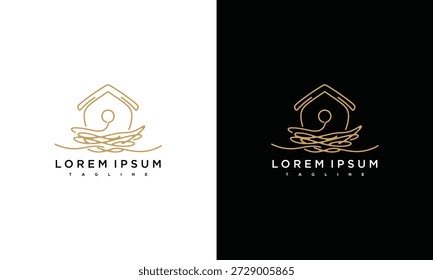 A logo design featuring a stylized house with waves, symbolizing real estate or property on water, presented in two contrasting color schemes and viewpoints