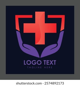 A logo design featuring a stylized red cross at the center, enclosed within a shield shape