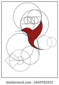 a logo design featuring a stylized red hummingbird, constructed within a geometric framework of black circles and lines, a design based on mathematical principles like the golden ratio.