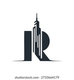 Design de logotipo com arranha-céu estilizado e letra r