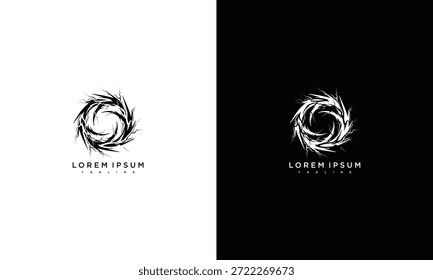 A logo design featuring a stylized swirl pattern on contrasting white and black backgrounds