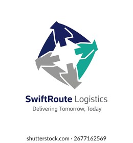 A logo design featuring three interconnected arrows forming a square shape. The arrows are colored in dark blue, gray, and teal, and the background is white.