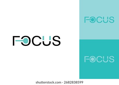 Um design de logotipo com a palavra "FOCUS" em uma fonte estilizada e em negrito.  Um círculo e linhas de azul-petróleo são incorporados dentro das letras.