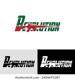 A logo design featuring the word "Revolution" with an assault rifle graphic. This is a logo design featuring the word "Revolution" with an assault rifle silhouette incorporated into the letters.