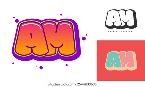 AM logo design for festival or party. Initial letter a and m in graffiti style. Creative modern lettering company name of font typography. Kids trendy logotype or identity. Vector illustration.