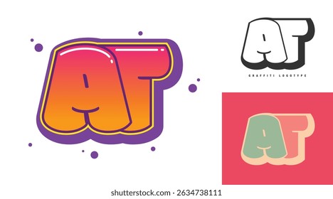 AT logo design for festival or party. Initial letter a and t in graffiti style. Creative modern lettering company name of font typography. Kids trendy logotype or identity. Vector illustration.