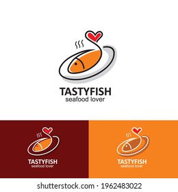 logo design with fish illustration concept. Special menu for food made from fish with the symbol of love. Can be used for restaurant logos, logos for processed fish or seafood products