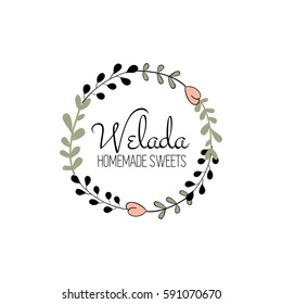 Logo design with floral wreath. Feminine logotype template. Premade floral logo. Wedding logo with flowers