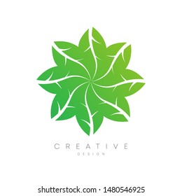 Logo design with flower shape inside. Flower petals with unique leaves. Modern circle design. Combined leaves and sound. Can be used for brands, labels, or incorporated into your other designs
