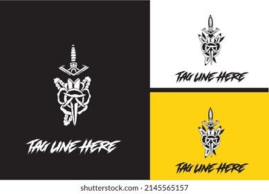 logo design of flower with sword vector black and white