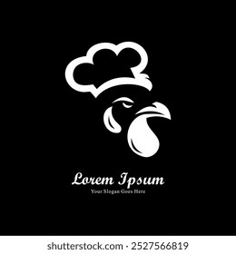 Design de logotipo na forma de uma cabeça de frango com uma forma simples e usando um chapéu de chef