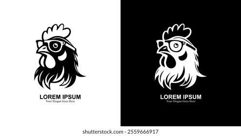 logo design in the form of a chicken head wearing glasses and modern style