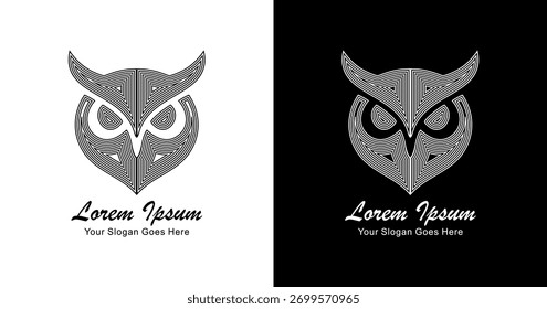 The logo design is in the form of an owl with a front view and is made using thick lines that form a layered pattern